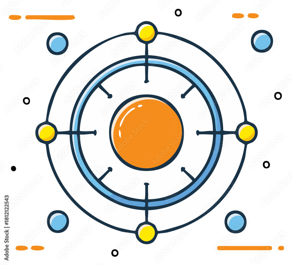 Fototapeta premium Central orange target sphere with blue orbiting interconnected points and doodle style elements