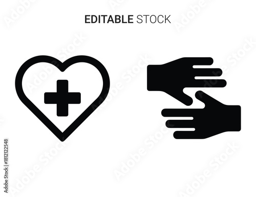 Outline heart with medical cross and two caring hands icons set, health and support concept.
