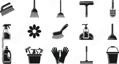 Cleaning tools vector icon set, household equipment collection, brush, broom, spray and bucket, black silhouette design isolated on white background, housekeeping concept