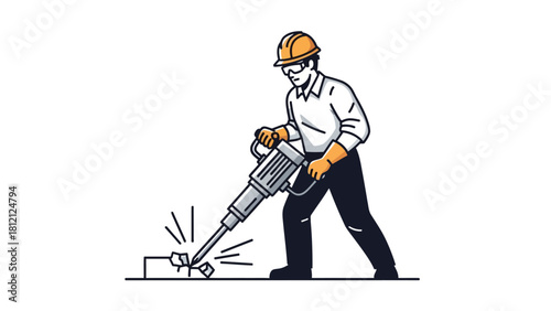 Construction worker with jackhammer breaking concrete