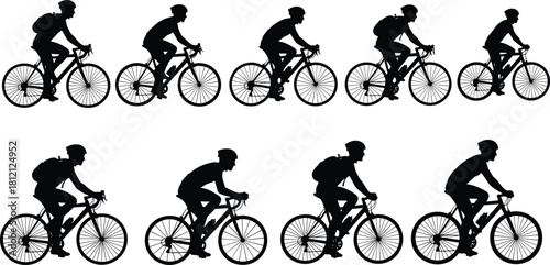 Cyclist silhouette vector set, men riding road bikes, sport competition collection, black figures isolated on white background, active lifestyle concept illustration