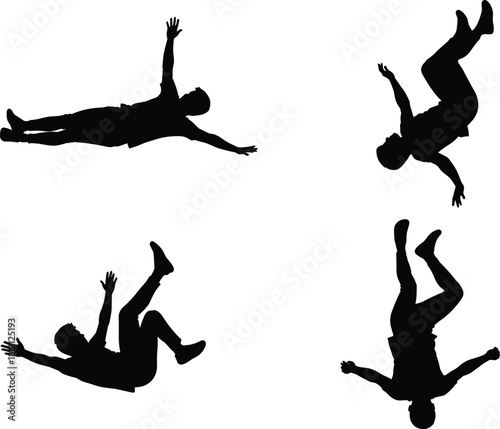 Falling person silhouette, floating human figure, black vector illustration, motion concept, disoriented pose, gravity effect, abstract fall, dramatic movement