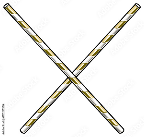 Two crossed striped drinking straws with gold and white stripes against a white background