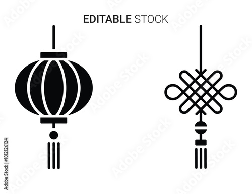 Chinese lantern and lucky knot icons for new year celebration and traditional asian design