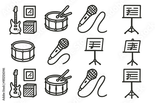 Studio rehearsal stand mic icon mood doodle music vector icons drum sheet