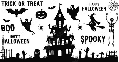 Halloween silhouette vector set with haunted house, ghosts, witch, skeleton, bats and text, black icons collection isolated on white background, spooky holiday illustration