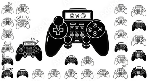 Video game controller icons set solid style collection includes different gaming consoles with buttons joystick and screen displays