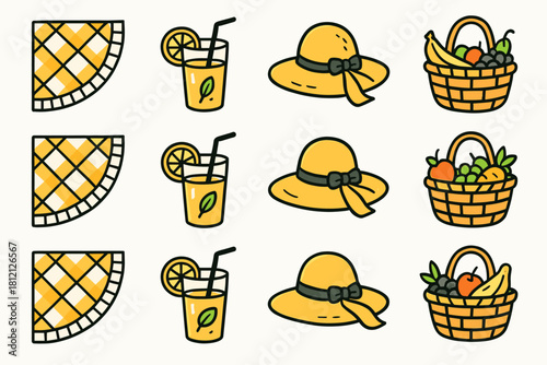 Picnic icons vector lemon fruit summer theme freshness basket icon drink hat