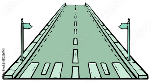 Illustrated road stretching into the distance with flags and a pedestrian crossing