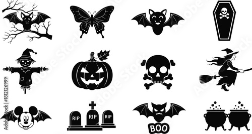 Halloween silhouette vector set, spooky pumpkin, witch on broom, skull, bat and coffin, black and white icons collection, isolated on white background, autumn holiday symbols