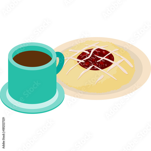 Isometric Turquoise Coffee Cup and Plate with Jam Pastry Against Transparent Background for Breakfast or Brunch