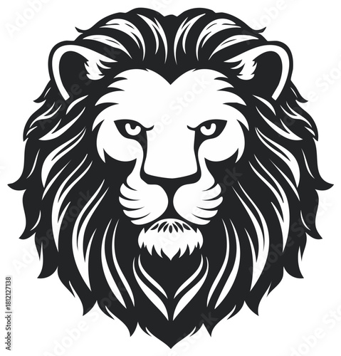 Majestic lion head logo with a powerful stare in a bold black and white vector style