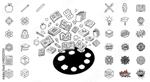 Education knowledge art palette icon with various school supplies books atom symbols and geometric shapes representing learning and creativity