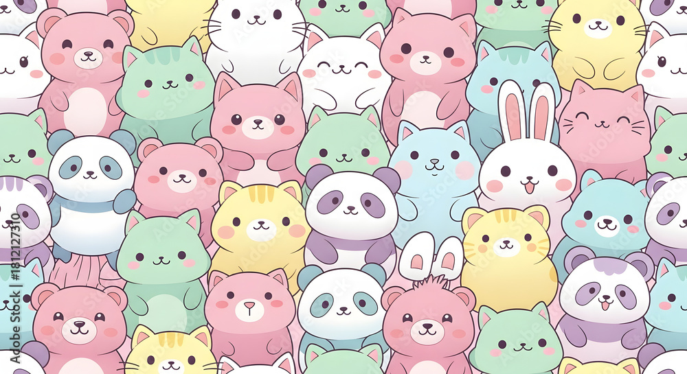 Obraz premium Seamless Pattern of Cute Cartoon Animals in Pastel Colors