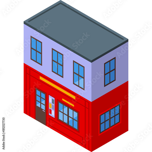 Isometric two story building with red lower floor and light purple upper floor with gray roof and multiple windows