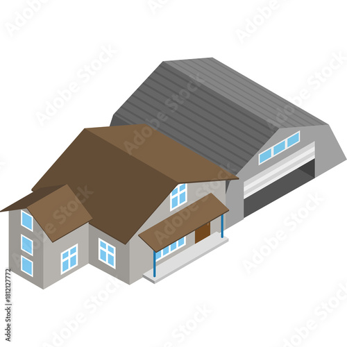 Isometric two story house with attached large gray hangar building clear blue sky background white framed windows and brown roof and siding neutral gray tones in graphic style vector art