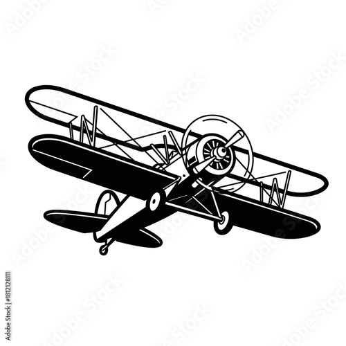 A black and white line art illustration of a vintage biplane with a propeller engine, shown in flight from a three-quarter view.