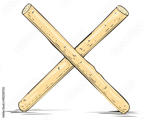 Two crossed wooden sticks forming an X symbol, hand drawn illustration