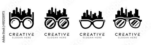Set of city eyeglasses logo design templates. Modern isolated city with eyeglasses design for technology, urban planning and optical stores.