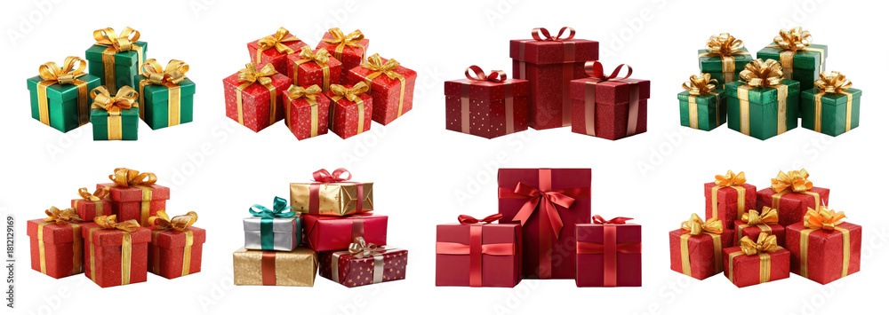 Fototapeta premium PNG Colorful festive gift boxes arrangement, element set on transparent background