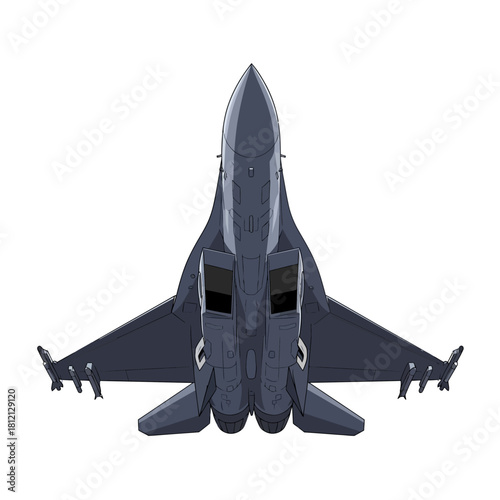 Overhead view of a gray fighter jet with swept wings.