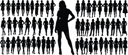 Women silhouettes, fashion poses, outfit diversity, dress, skirt, pants, casual, confident, stylish, black vector, posture, icon, design