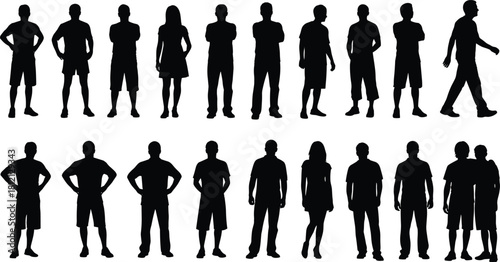 Set of black silhouettes showing casual men and women standing, walking, and posing with arms crossed, vector illustration isolated on white background