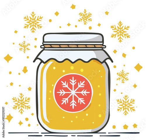 Winter Preserve Jar Surrounded by Snowflakes and Stars, Festive Homemade Gift Idea, Yellow Jelly