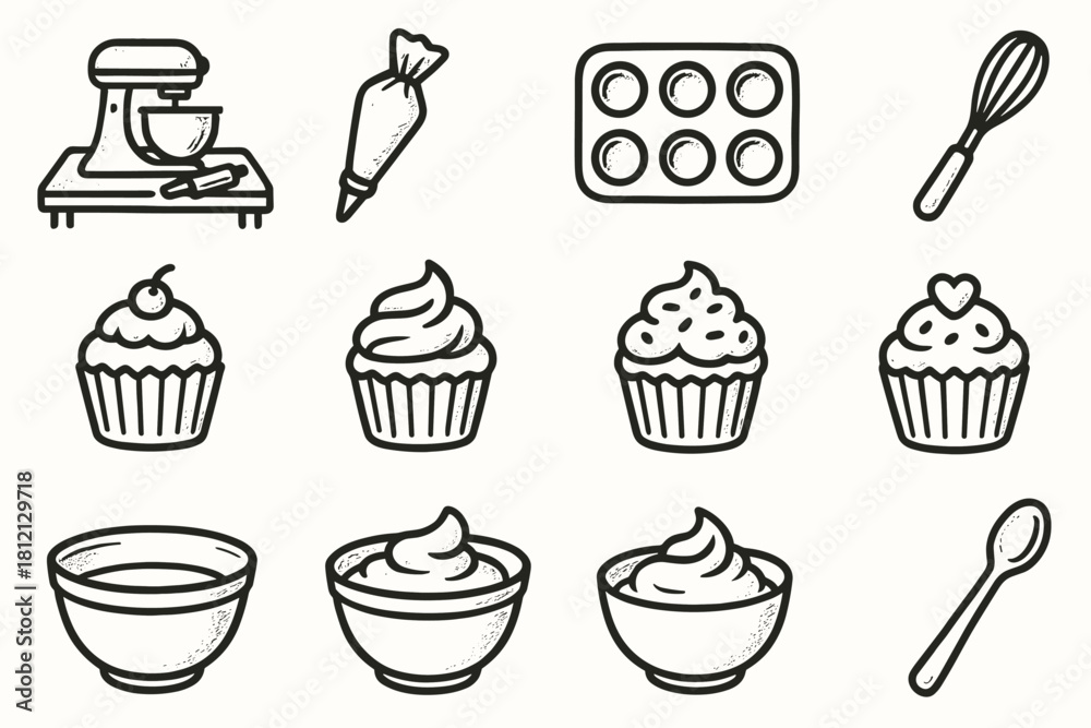 Fototapeta premium Making collection handdrawn spoon rough bakery dessert setup cupcakes bowl vector icon