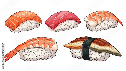 Five pieces of sushi with different toppings on white rice