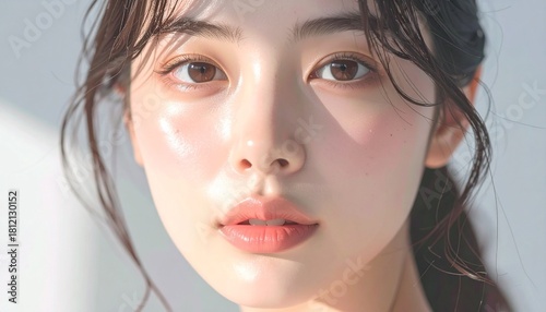 日本人, 超リアル, 若い美しい女性, 顔アップ, 滑らかな肌, ツヤのある肌質, ナチュラルメイク, 柔らかな光, 美容広告風, シネマティック, カメラ目線, 高画質, Japanese, ultra-realistic, young beautiful woman, face close-up, smooth skin, radiant complexion, natural makeup