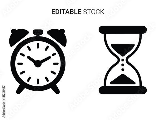 Time management icons: classic alarm clock and hourglass for scheduling concepts, deadlines
