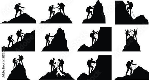 Set of black silhouettes showing mountain climbers hiking, helping each other, and reaching the summit, vector illustration isolated on white background