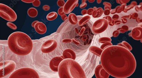 High-resolution 3D illustration of numerous red blood cells (erythrocytes) flowing inside a blood vessel or artery, representing human circulation, medicine, anatomy, and health care visualization.