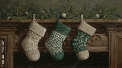 three white and green knit christmas stockings hanging from an old wooden fireplace 