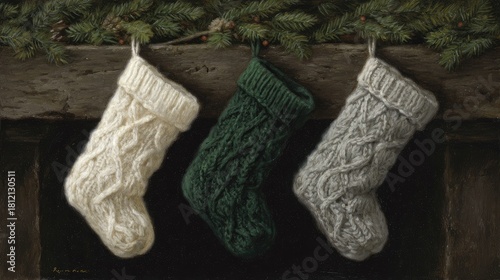 three white and green knit christmas stockings hanging from an old wooden fireplace 