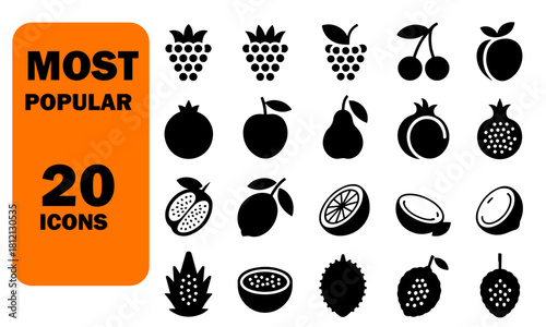 Collection of black berry fruits vector icon set. such as plum cherry peach pomegranate pear orange lemon passion fruit isolated on white