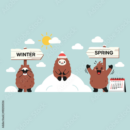 Three Cartoon Groundhogs Predicting Spring Seasonal Celebration.