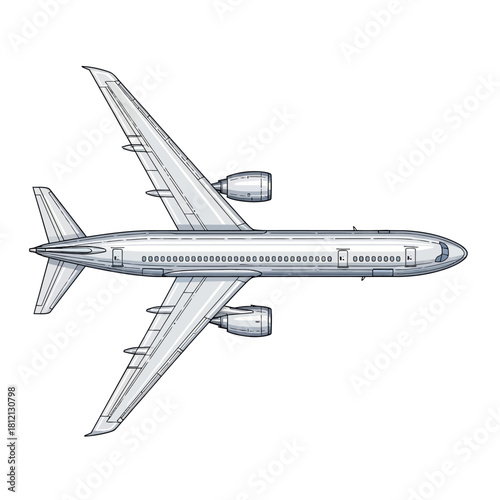 Top-down detailed illustration of a passenger jet aircraft, showcasing wings, engines, and fuselage.