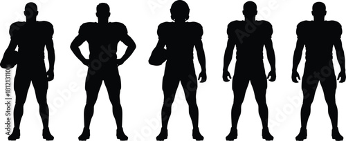 Set of standing American football player silhouettes wearing helmets and pads, vector illustration collection isolated on white background for team sports design