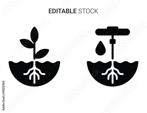 Planting and watering process icons showcasing growth, roots, soil, and irrigation care.
