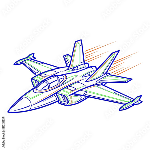 Dynamic cartoon illustration of a modern military fighter jet flying at high speed.