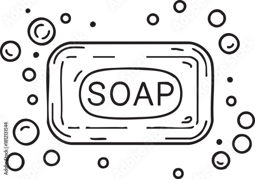 Line art illustration of a bar of soap with bubbles, symbolizing hygiene, cleanliness, and personal care. perfect for health, bathroom, and sanitation themes.