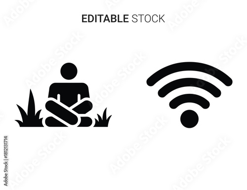 Mindful connectivity icon: person meditating outdoors with a strong internet signal