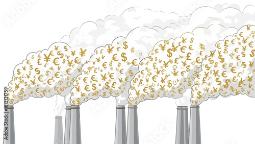 Industrial smokestacks emitting clouds filled with currency symbols