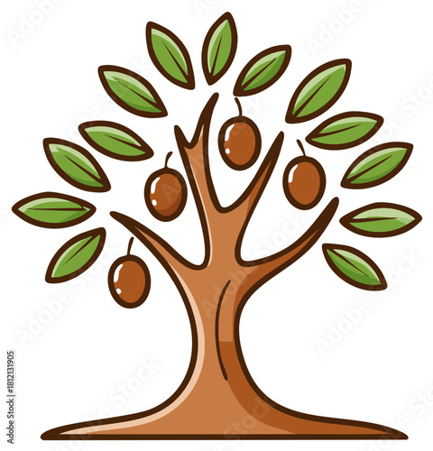 Stylized cartoon illustration of a healthy brown tree bearing round brown fruit and green leaves
