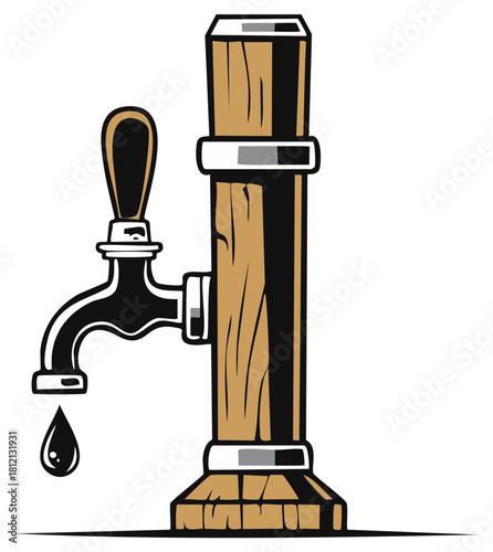 Wooden beer tap with a dripping faucet and metal accents symbolizing refreshment
