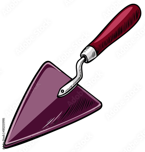 Triangular masonry trowel with a red wooden handle, a vector illustration for construction work.