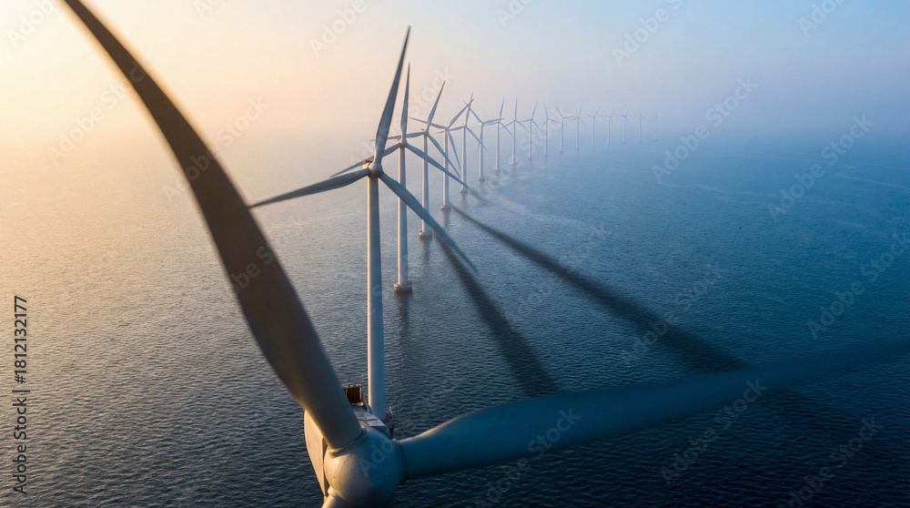 Naklejka premium Breathtaking aerial view of an offshore wind farm featuring wind turbines at sunrise, ideal for environmental projects and energy-related content.