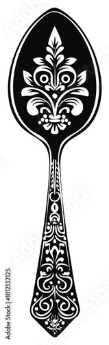 Ornate Spoon Illustration with Black and White Floral Designs